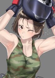  1girl armpits arms_up bare_shoulders breasts brown_eyes brown_hair camouflage camouflage_shirt camouflage_tank_top capcom flying_sweatdrops gloves grey_background haishima_xv helmet highres kazama_akira medium_breasts motorcycle_helmet one_eye_closed removing_helmet shirt short_hair simple_background solo street_fighter street_fighter_v sweat tank_top  rating:Sensitive score:15 user:anonymous868