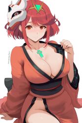  1girl alternate_costume breasts chest_jewel cleavage closed_mouth commentary english_commentary fox_mask headpiece highres japanese_clothes kimono large_breasts looking_at_viewer mask mask_on_head pyra_(xenoblade) red_eyes red_hair red_kimono simple_background sitting smile solo swept_bangs thighs white_background xenoblade_chronicles_(series) xenoblade_chronicles_2 zelc-face 