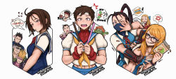  5girls black_hair blanka blanka-chan blonde_hair breasts brown_hair capcom cleavage eating english_text food hershuar hibiki_dan highres ibuki_(street_fighter) justice_gakuen kanzuki_karin kasugano_sakura kazama_akira kazama_daigo medium_breasts multiple_girls official_alternate_costume pocky pocky_day rainbow_mika ryu_(street_fighter) sailor_collar school_uniform speech_bubble street_fighter street_fighter_v upper_body 