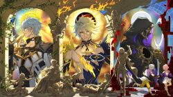  1girl 4boys absurdres aglaea_(honkai:_star_rail) alternate_form anaxa_(honkai:_star_rail) antenna_hair architecture armor black_choker black_cloak black_gloves black_shirt blonde_hair blue_cape blue_eyes cape castorice_(honkai:_star_rail) choker cipher_(honkai:_star_rail) clawed_gauntlets cloak coat commentary cracked_skin cyrene_(honkai:_star_rail) dress english_commentary fingerless_gloves flame_reaver_of_the_deepest_dark gloves greco-roman_architecture hair_between_eyes hair_ornament halo halo_behind_head highres holding holding_sword holding_weapon honkai:_star_rail honkai_(series) hood hood_up hooded_cloak hyacine_(honkai:_star_rail) mask material_growth multiple_boys mydei_(honkai:_star_rail) neck_tattoo ngkhyn pauldrons phainon_(honkai:_star_rail) pink_hair purple_coat shirt short_hair shoulder_armor single_pauldron sun_symbol sun_tattoo sword tan tattoo torn_clothes torn_shirt tribbie_(honkai:_star_rail) weapon white_coat white_dress white_hair yellow_blood yellow_eyes 