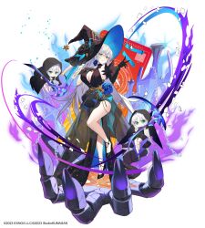  absurdres black_dress black_flower black_gloves black_hat black_rose black_shoes blue_fire blue_flower blue_rose breasts broken broken_chain chain commentary copyright_notice doll dress dress_flower elbow_gloves fire flower full_body gloves green_eyes hand_on_own_chest hat hat_flower high_heels highres holding holding_scythe large_breasts leg_up long_hair looking_at_viewer marion_neymar official_art plunging_neckline purple_fire rose scythe see-through_clothes see-through_skirt shoes shotgunman side_slit simple_background single_elbow_glove single_glove skirt standing standing_on_one_leg strappy_heels twinkle_star_knights white_background white_hair witch witch_hat 