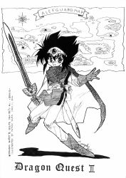  1990s_(style) 1992 1girl cape circlet dragon_quest dragon_quest_iii full_body gloves greyscale holding holding_sword holding_weapon looking_at_viewer map miyuki_yama monochrome open_mouth retro_artstyle roto_(dq3) smile solo sword weapon 