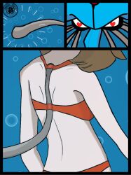  1girl armpit_crease artist_logo artist_name back bikini blue_eyes breasts brown_hair bubble eyelashes fankifalu from_behind gen_1_pokemon heart heart-shaped_pupils highres imminent_rape logo looking_at_another may_(pokemon_oras) medium_hair nintendo ocean outdoors pervert pokemon pokemon_(creature) pokemon_oras ponytail red_bikini short_ponytail shoulder_blades sidelocks small_breasts swept_bangs swimsuit symbol-shaped_pupils tentacles tentacruel underwater 