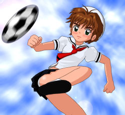  1990s_(style) ball brown_eyes brown_hair cardcaptor_sakura crossdressing denkimorph dress gender_request genderswap li_xiaolang retro_artstyle school_uniform short_hair soccer tomoeda_middle_school_uniform  rating:Sensitive score:3 user:Hanzz