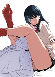  10s 1boy 1girl ass bare_legs between_legs black_hair black_skirt blue_eyes blunt_bangs cardigan cellphone collared_shirt drooling feet gridman_universe hetero leg_lock legs legs_up long_hair looking_at_phone necktie no_shoes phone pleated_skirt reclining red_neckwear school_uniform shirt simple_background sitting skirt smartphone socks solo_focus ssss.gridman takarada_rikka takeda_hiromitsu thighs upskirt white_background  rating:Questionable score:164 user:creck