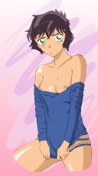  1girl black_hair blue_panties blue_shirt blush breasts closed_mouth collarbone cropped_legs green_eyes groin highres long_sleeves meitantei_conan nipples off_shoulder panties pororonn purple_background see-through_clothes see-through_panties sera_masumi shirt shirt_tug short_hair shy small_breasts solo underwear 