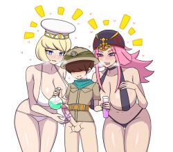  1boy 2girls age_difference bandana belt bikini black_bikini blonde_hair blue_eyes blush bottomless breasts brown_hair character_request fantasy_life hat heart karei_(otachi18) large_breasts licking_lips liquid multiple_girls onee-shota pink_hair pussy_juice shota sweat swimsuit tagme test_tube tongue tongue_out uncensored white_bikini 