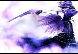  1girl alternate_costume armlet break-action_pistol cocked_hammer dress female_focus foxhound gloves gothic_lolita gun hand_fan handgun hat jewelry letterboxed lolita_fashion long_hair onibi_(foxhound4185) pistol purple_hair purple_theme red_eyes rifle-caliber_handgun rifle-caliber_pistol skirt solo thompson/center_contender touhou weapon yakumo_yukari yin_yang 