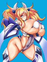  1girl bare_shoulders blonde_hair blue_eyes bouncing_breasts breasts cowboy_shot detached_sleeves huge_breasts legs_apart leotard linea_alba one_eye_closed onizaki_kirara parted_lips sibanekohg sidelocks skin_tight solo taimanin_(series) taimanin_rpgx thong_leotard twintails wide_sleeves wink  rating:Questionable score:8 user:POLTATO