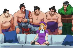  1girl 5boys akatsuki-maru big_belly black_hair blonde_hair buriki_one capcom couch crossover e._honda facepaint ganryu_(tekken) hair_bun headband highres isurugi_gan justice_gakuen looking_at_another looking_at_viewer mawashi meme multiple_boys multiple_crossover namco pectorals piper_perri_surrounded_(meme) sash scar scar_on_face scar_on_forehead sega shijou_hinako single_hair_bun smile snk street_fighter street_fighter_6 sumo taka-arashi tekken the_king_of_fighters the_king_of_fighters_xv topknot topless_male trait_connection virtua_fighter wallace_pires 