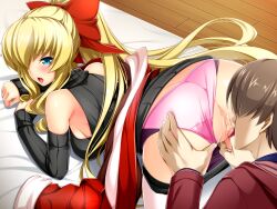  1boy 1girl all_fours anus ass bare_shoulders bed_sheet black_sweater blonde_hair blue_eyes blush bow breasts brown_hair censored clothes_pull clothing_aside cunnilingus detached_sleeves dress faceless faceless_male from_behind game_cg hair_bow hair_over_one_eye hetero indoors inoino jacket kouyoku_senki_exs-tia large_breasts large_variant_set long_hair long_sleeves looking_back mosaic_censoring non-web_source official_art open_mouth oral panties panties_aside pantyhose pantyhose_pull pink_panties ponytail pussy pussy_juice red_bow red_jacket ribbed_sweater rieszverne_suzette_paladill sideboob sidelocks sleeveless sleeveless_sweater sleeveless_turtleneck sweater sweater_dress sweater_pull thighhighs tongue tongue_out top-down_bottom-up turtleneck turtleneck_sweater underwear variant_set very_long_hair wooden_floor 