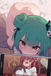 1boy 1girl :&gt;= ass blush bottomless breasts cellphone closed_eyes convenient_censoring double_bun earrings fellatio green_hair hair_bun hair_ornament hair_ribbon hetero highres hololive houshou_marine implied_fellatio jewelry kakure_eria kneeling large_breasts looking_at_phone looking_at_viewer looking_up nude open_mouth oral phone pov recording red_eyes ribbon ring_fit_adventure short_hair sidelocks skull_hair_ornament solo_focus sweat thighs uncensored uruha_rushia used_tissue virtual_youtuber youtube rating:Explicit score:572 user:danbooru