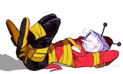  1boy ant_tenna b0eb0e black_pants blush bound bow commentary crt deltarune english_commentary full_body highres lying male_focus object_head on_back pants pointy_nose ribbon ribbon_bondage shoes simple_background smile solo sweat tailcoat twitter_username white_background yellow_bow yellow_ribbon yellow_shoes 