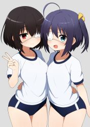  2girls :d ahoge another black_hair blue_buruma blue_eyes blue_hair buruma chuunibyou_demo_koi_ga_shitai! commentary cowboy_shot crossover eyepatch grey_background gym_shirt gym_uniform hair_ribbon highres medical_eyepatch mikoscrub misaki_mei multiple_girls one_side_up open_mouth red_eyes ribbon shirt short_hair short_sleeves simple_background smile standing takanashi_rikka thighs trait_connection white_shirt yellow_ribbon  rating:Sensitive score:72 user:danbooru