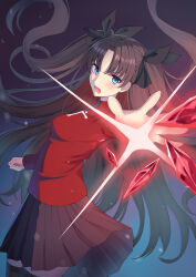  1girl absurdres black_hair black_skirt black_thighhighs blue_eyes breasts fate/stay_night fate_(series) gem gradient_background hair_ribbon highres jishui3q long_hair long_sleeves looking_at_viewer miniskirt open_hand open_mouth outstretched_arm pleated_skirt reaching reaching_towards_viewer red_sweater ribbon skirt small_breasts solo sweater thighhighs tohsaka_rin turtleneck turtleneck_sweater two_side_up v-shaped_eyebrows very_long_hair zettai_ryouiki 