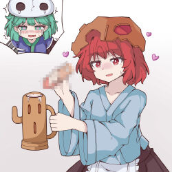  absurdres blush censored cum cum_in_container cum_in_cup cup green_eyes green_hair hair_ornament hakama handjob heart heart-shaped_pupils highres holding holding_cup japanese_clothes katano_sukune kitsugai_sese len&#039;en mosaic_censoring red_eyes red_hair skull skull_hair_ornament symbol-shaped_pupils tagme tears yingchui_xueyue 