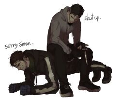  2boys afraid_of_monsters arm_on_own_leg black_boots black_gloves black_hair black_hoodie black_pants boots brown_hair cry_of_fear david_leatherhoff english_text fingerless_gloves full_body gloves grey_hoodie highres hood hood_down hoodie ju-san looking_at_another male_focus messy_hair multiple_boys outstretched_hand pants pinky_out plank shoes simon_henriksson sitting sitting_on_person sneakers sweatdrop white_background 