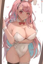  1girl absurdres animal animal_ears animal_on_shoulder arm_under_breasts bare_arms bare_shoulders black_thighhighs blush bow bowtie breasts cleavage closed_mouth covered_navel cowboy_shot detached_collar fake_animal_ears hairband highres leotard long_hair looking_at_viewer mirai_(mirai_hikari) mirai_hikari navel original patreon_username pink_hair playboy_bunny rabbit_ears red_bow red_bowtie red_eyes simple_background solo thick_thighs thighhighs thighs white_background white_leotard white_thighhighs wrist_cuffs 