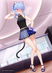  1girl animal_ears arm_up averting_eyes belt black_belt black_shirt blue_eyes blue_hair blue_nails blush bra_visible_through_clothes bracelet breasts breath cat_ears cat_tail closed_mouth condom condom_in_hair cum dutch_angle earrings feet full_body hand_on_own_hip heart heart_earrings high_heels highres hololive hoshimachi_suisei jewelry light_frown miniskirt nail_polish plaid_clothes plaid_skirt pussy_juice see-through_clothes see-through_shirt shirt side_ponytail skirt sleeveless sleeveless_shirt small_breasts solo standing tail thighs toenail_polish toenails used_condom v vahn_yourdoom virtual_youtuber 