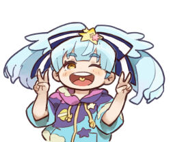  1girl ;d blue_hair blue_jacket blush bow brown_eyes chibi double_v drawstring hair_bow hair_ornament hands_up heart hood hood_down hooded_jacket hoshikawa_lily itsuki_tasuku jacket looking_at_viewer one_eye_closed open_mouth round_teeth short_sleeves simple_background smile solo star_(symbol) star_hair_ornament striped_bow teeth thick_eyebrows twintails upper_body upper_teeth_only v white_background zombie_land_saga 