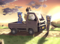 animal_ears blonde_hair blue_hair brown_hair cat_ears cat_tail fuji-k kei_truck motor_vehicle original pickup_truck short_hair silver_hair sunset tail truck rating:Sensitive score:3 user:danbooru