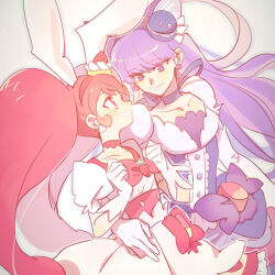  2girls animal_ear_fluff animal_ears arm_around_back big_hair blunt_bangs bow bow_choker bowtie brown_bag bubble_skirt buttons cake cat_ears cat_girl center_frills choker clenched_hand collarbone corset cowboy_shot cure_macaron cure_whip dress dress_bow earrings extra_ears eyelashes floppy_ears food food-themed_clothes food-themed_hair_ornament food_print frilled_skirt frilled_sleeves frills fruit fruit_print gloves hair_ornament hairband hand_on_another&#039;s_waist happy heke jewelry kirakira_precure_a_la_mode kotozume_yukari long_hair looking_at_another macaron magical_girl miniskirt multiple_girls nervous pink_bag pink_bow pink_bowtie pink_choker pink_corset pink_eyes pink_hair pink_hairband pom_pom_(clothes) pom_pom_earrings precure puffy_short_sleeves puffy_sleeves purple_bow purple_choker purple_dress purple_eyes purple_ribbon rabbit_ears rabbit_girl ribbon short_dress short_sleeves simple_background skirt skirt_under_dress sphere_earrings square_neckline standing strawberry strawberry_brooch strawberry_print strawberry_shortcake twintails two-tone_bag usami_ichika very_long_hair waist_bag white_background white_dress white_gloves white_sleeves yellow_bag yellow_skirt yuri 