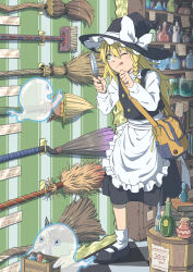  1girl :q apron bag black_hat black_shoes black_skirt black_vest blonde_hair bow braid broom checkered_floor commentary_request hair_bow hat hat_bow highres hitodama holding holding_magnifying_glass inuno_rakugaki jar key kirisame_marisa long_hair long_sleeves magnifying_glass mary_janes one_eye_closed potion price_tag shelf shoes shoulder_bag side_braid single_braid skirt socks solo star_(symbol) tongue tongue_out touhou vest waist_apron white_apron white_bow white_socks witch_hat yellow_eyes 