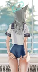  1girl absurdres adjusting_clothes adjusting_swimsuit alternate_costume animal_ears apopo arms_behind_back ass backlighting black_sailor_collar blue_archive blue_hair blue_one-piece_swimsuit blurry blurry_background breasts commentary_request cowboy_shot day from_behind grey_hair hair_between_eyes hair_over_shoulder highres korean_commentary medium_breasts medium_hair one-piece_swimsuit outdoors sailor_collar school_swimsuit shiroko_(blue_archive) shirt short_sleeves solo straight_hair swimsuit swimsuit_under_clothes thigh_gap thighs white_shirt wolf_ears wolf_girl 