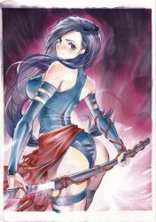  1girl ass bare_shoulders black_hair blue_eyes blue_leotard breasts bridal_gauntlets closed_mouth commentary curvy highleg highleg_leotard highres holding holding_weapon huge_ass katana leotard long_hair looking_at_viewer looking_back marvel medium_breasts psylocke revealing_clothes rodrigo_yoshimiya sheath simple_background sleeveless solo sword thighs weapon wide_hips x-men  rating:Sensitive score:17 user:danbooru