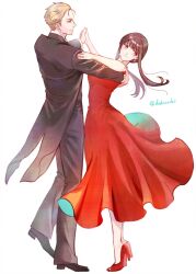  1boy 1girl black_hair blonde_hair breasts collared_shirt dashimakick dress evening_gown hair_between_eyes hairband highres husband_and_wife jacket long_hair red_eyes shirt short_hair sidelocks simple_background spy_x_family twilight_(spy_x_family) white_background white_shirt yor_briar 