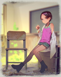 1girl black_boots boots brown_hair camisole chair child classroom closed_mouth dated green_shorts grey_eyes hair_ornament hairclip highres indoors looking_at_viewer muk_(monsieur) pink_camisole sana_(tiny_evil) short_hair shorts signature smile solo tiny_evil rating:Sensitive score:114 user:danbooru