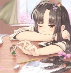  3girls artist_name belt black_hair blush boots bow brown_eyes brown_footwear damage_control_crew_(kancolle) damage_control_goddess_(kancolle) dress fairy_(kancolle) flower full_body green_dress hair_bow hair_flower hair_ornament hat helmet_musume_(kancolle) jewelry kantai_collection long_hair low-tied_long_hair maintenance_musume_(kancolle) medara mini_person minigirl multiple_girls one_eye_closed pencil pink_bow ring shouhou_(kancolle) signature sitting smile wedding_band window 
