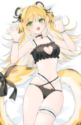  1girl :3 absurdres animal_ears bed_sheet bell black_bow black_bra black_choker black_panties blonde_hair bow bra breasts cat_cutout cat_lingerie choker claw_pose cleavage cleavage_cutout clothing_cutout colored_inner_hair fang frilled_bra frilled_wristband frills green_eyes highres jingle_bell ju_fufu long_hair lying meme_attire multicolored_hair navel neck_bell on_back open_mouth panties small_breasts solo stomach tail tail_bow tail_ornament thigh_strap tiger_ears tiger_girl tiger_tail underwear wristband yagen_(user_mxur3238) zenless_zone_zero 