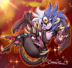  1girl blue_hair closed_mouth comic_hand dragon_horns dragon_wings duel_monster grey_hair heterochromia horns looking_at_viewer medium_hair multicolored_hair orange_eyes smile solo two-tone_hair wings yu-gi-oh! yubel 