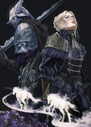  1boy 1girl armor ascot asymmetrical_bangs belt black_background blonde_hair blue_eyes blue_surcoat braid brother_and_sister buttons commentary crown_braid double-breasted duchess_(elden_ring) elden_ring elden_ring_nightreign english_commentary eye_mask flower gloves helmet highres horse official_alternate_costume ornate_armor ornate_clothes over_shoulder siblings sword upper_body weapon weapon_over_shoulder white_horse winged_helmet wylder_(elden_ring) yujia0412 