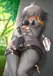 1girl after_ejaculation after_masturbation belt bird_girl bird_tail bird_wings black_gloves blush bra breasts breasts_out caught_masturbating collared_shirt exhibitionism female_masturbation female_pervert fingering fingering_through_clothes fingerless_gloves gloves green_eyes grey_hair grey_shirt grey_shorts hair_between_eyes head_wings highres jacket japanese_text kemono_friends legs_together looking_down masturbation masturbation_through_clothes moaning multicolored_hair necktie nervous nipple_stimulation nipple_tweak nipple_tweak_through_clothes open_clothes open_fly open_jacket open_mouth outdoors pantyhose pantyhose_under_shorts pee peeing peeing_in_public peeing_self pervert public_indecency public_masturbation purposeful_wetting pussy_juice shaking shirt shoebill_(kemono_friends) short_sleeves shorts solo tail takebi through_clothes underwear wet wet_clothes white_necktie wings rating:Explicit score:95 user:CommunityCow