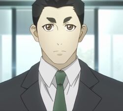 1boy black_hair brown_eyes grey_jacket jacket kuroiwa_takeomi looking_at_viewer male_focus shirt short_hair tokyo_ghoul white_shirt