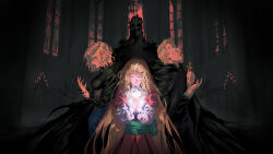  absurdres blonde_hair castlevania:_nocturne castlevania_(netflix) castlevania_(series) claws closed_eyes dress emmanuel_(castlevania) family father_and_daughter hair_down hands_on_own_chest highres holding_rosary maria_renard monster mother_and_daughter official_art pointy_ears red_eyes rosary samuel_deats sash short_hair single_tear tera_(castlevania) vampire waist_sash 