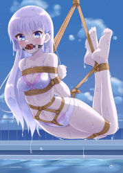  1girl arms_behind_back ball_gag barefoot bdsm blue_eyes blush bondage bound bound_arms bound_legs bound_thighs bound_torso bow bow_bra bra breasts cleavage collarbone crotch_rope feet feet_up full_body gag hair_ornament hairclip hanging long_hair looking_at_viewer mukanata naruse_shiroha navel night outdoors panties pool restrained shibari sky small_breasts solo straight_hair summer_pockets suspension underwear underwear_only v-shaped_eyebrows water wet white_bra white_hair white_panties 