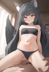  1boy 1girl absurdres animal_ear_fluff animal_ears artist_request black_bra black_hair black_panties bow bow_bra bra closed_mouth commission erection girl_on_top grinding hetero highres indoors loli long_hair navel original panties penis red_bow red_eyes second-party_source smile solo_focus stomach straddling tail uncensored underwear variant_set 