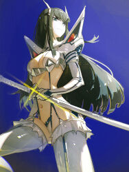  1girl absurdres bakuzan black_hair blue_eyes breasts commentary dudrinm highres holding holding_sword holding_weapon junketsu kamui_(kill_la_kill) kill_la_kill kiryuuin_satsuki life_fiber living_clothes long_hair revealing_clothes solo suspenders sword thick_eyebrows weapon 