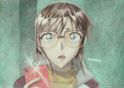  1girl artist_name bj1034_(tosashi) black_hair blue_eyes cellphone colored_pencil_(medium) derivative_work furrowed_brow glasses glint green_background highres holding holding_phone indoors jacket long_hair meitantei_conan open_clothes open_jacket open_mouth over-rim_eyewear phone red-framed_eyewear semi-rimless_eyewear shirt smartphone solo straight-on traditional_media tsuburai_madoka yellow_shirt 