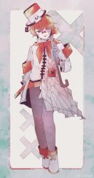  1boy animal_hat ankle_boots arm_at_side asymmetrical_clothes bandaid bandaid_on_face bandaid_on_nose boots border bow bowtie cane coat crossed_bandaids film_grain flag fukase full_body grey_border grey_pants hair_between_eyes hand_up hat highres holding holding_cane j_inugami9 looking_at_viewer male_focus microskirt nail_polish outside_border pants pleated_skirt pocket rabbit_hat red_bow red_bowtie red_eyes red_hair red_nails red_skirt short_hair simple_background skirt solo standing tongue tongue_out top_hat twitter_username vocaloid white_background white_boots white_coat white_hat 