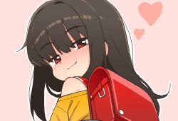  1girl backpack bag bare_shoulders black_hair blush closed_mouth heart long_hair looking_at_viewer off_shoulder orenjipiiru original outline pink_background randoseru red_eyes smile solo upper_body white_outline 