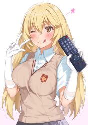  1girl ;q blonde_hair breasts brown_eyes brown_sweater_vest collared_shirt commentary controller elbow_gloves gloves grey_skirt hair_between_eyes highres holding holding_remote_control large_breasts long_hair looking_at_viewer no_print one_eye_closed pleated_skirt remote_control school_emblem school_uniform shirt shokuhou_misaki short_sleeves simple_background sioo_1029 skirt smile solo sparkling_eyes summer_uniform sweater_vest symbol-only_commentary symbol-shaped_pupils toaru_kagaku_no_mental_out toaru_kagaku_no_railgun toaru_majutsu_no_index tokiwadai_school_uniform tongue tongue_out upper_body v-neck w white_background white_gloves white_shirt 