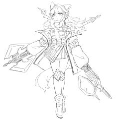 1girl absurdres animal_ears ankle_boots arknights armor boots chinese_commentary closed_mouth coat commentary_request diamond-shaped_pupils diamond_(shape) dual_wielding ears_through_headwear fengjinjia frostleaf_(arknights) full_body greyscale hat highres holding holding_weapon knee_pads light_frown lineart long_hair looking_at_viewer miniskirt monochrome off_shoulder simple_background sketch skirt sleeves_past_wrists solo standing symbol-shaped_pupils tail weapon white_background 