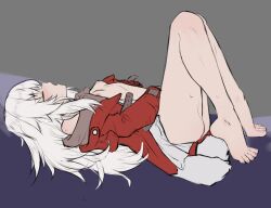  1girl barefoot blush breasts chernyyvo clara_(honkai:_star_rail) feet female_masturbation from_side full_body highres honkai:_star_rail honkai_(series) jacket knees_up legs loli long_hair lying masturbation nipples on_back red_jacket small_breasts solo toes white_hair  rating:Explicit score:235 user:danbooru