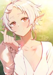  1girl blush breasts cleavage closed_mouth collarbone commentary_request dated elf finger_heart highres kiyo_(a_sam_ko) looking_at_viewer mushoku_tensei parted_bangs pointy_ears red_eyes short_hair signature solo sylphiette_(mushoku_tensei) upper_body white_hair 