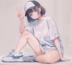  arm_support baseball_cap black_hair blue_eyes bottomless breasts closed_mouth collarbone collared_shirt full_body hat head_tilt knee_up large_breasts looking_at_viewer no_bra original rainen_ganbarimashita see-through_clothes see-through_shirt shirt short_hair simple_background sitting smile thighs v white_background white_footwear white_shirt 