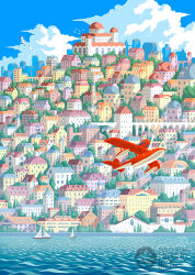  aircraft airplane artist_name blue_sky boat building city cloud commentary day english_commentary fantasy kurenai_no_buta no_humans ocean outdoors sailboat scenery seaplane simple_bird sky syntetyc water watercraft watermark 